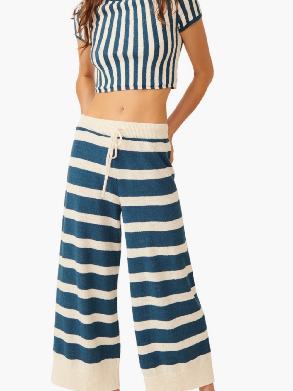Free People Nomadic Desert Combo Khaki & Cream Striped Wide-Leg Knit SET - Small